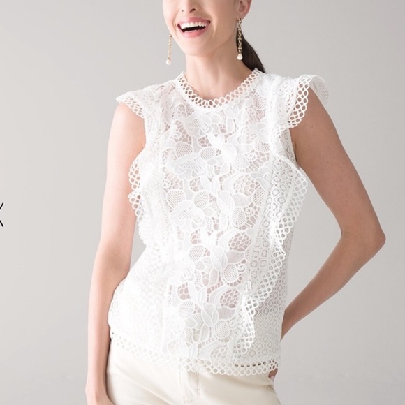 WHBM BLOUSE RUFFLE AND LACE SLEEVELESS White TOP Size 4 - Picture 1 of 9